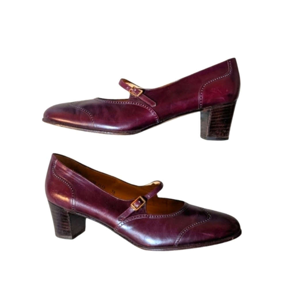 Vintage Salvatore Ferragamo Oxford Mary Janes Oxblood Leather Heels 9 Academia - Picture 5 of 12